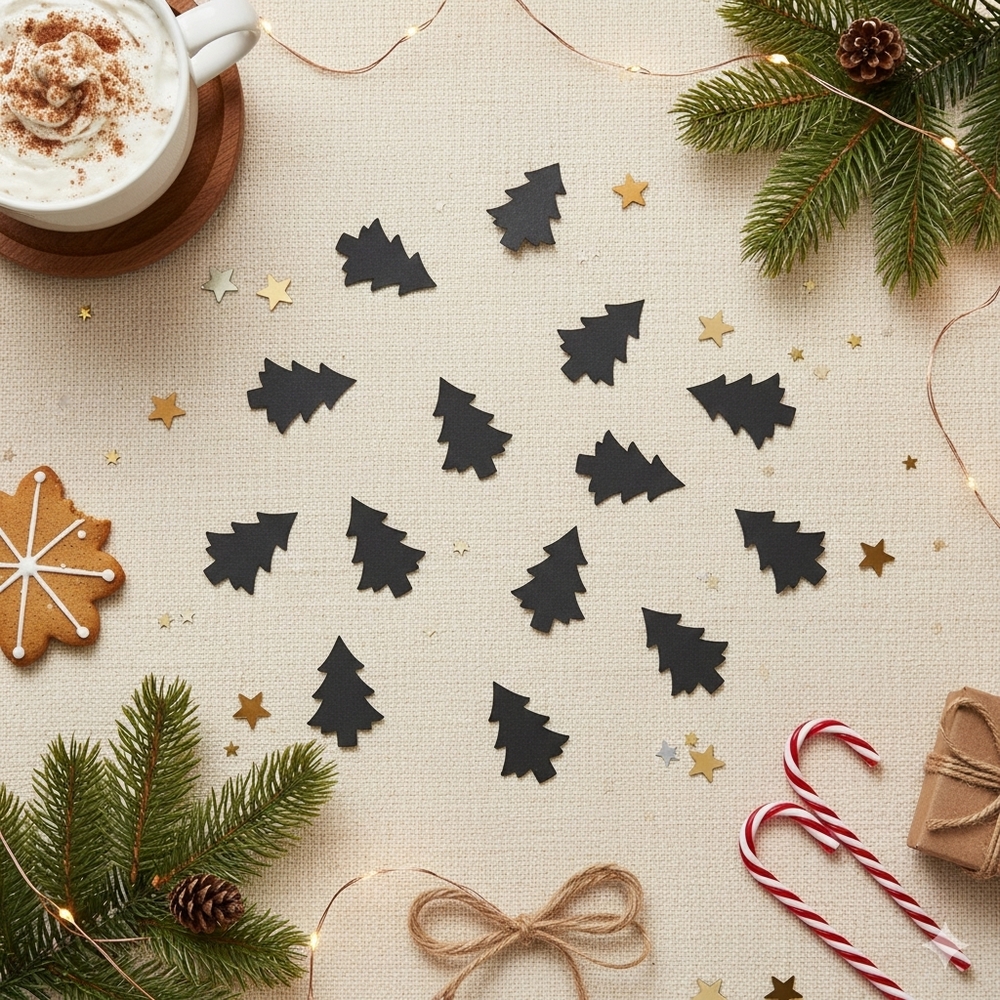 44 Pcs 1" Black Christmas Tree Paper Cutouts | Crafting Scrapbook Confetti